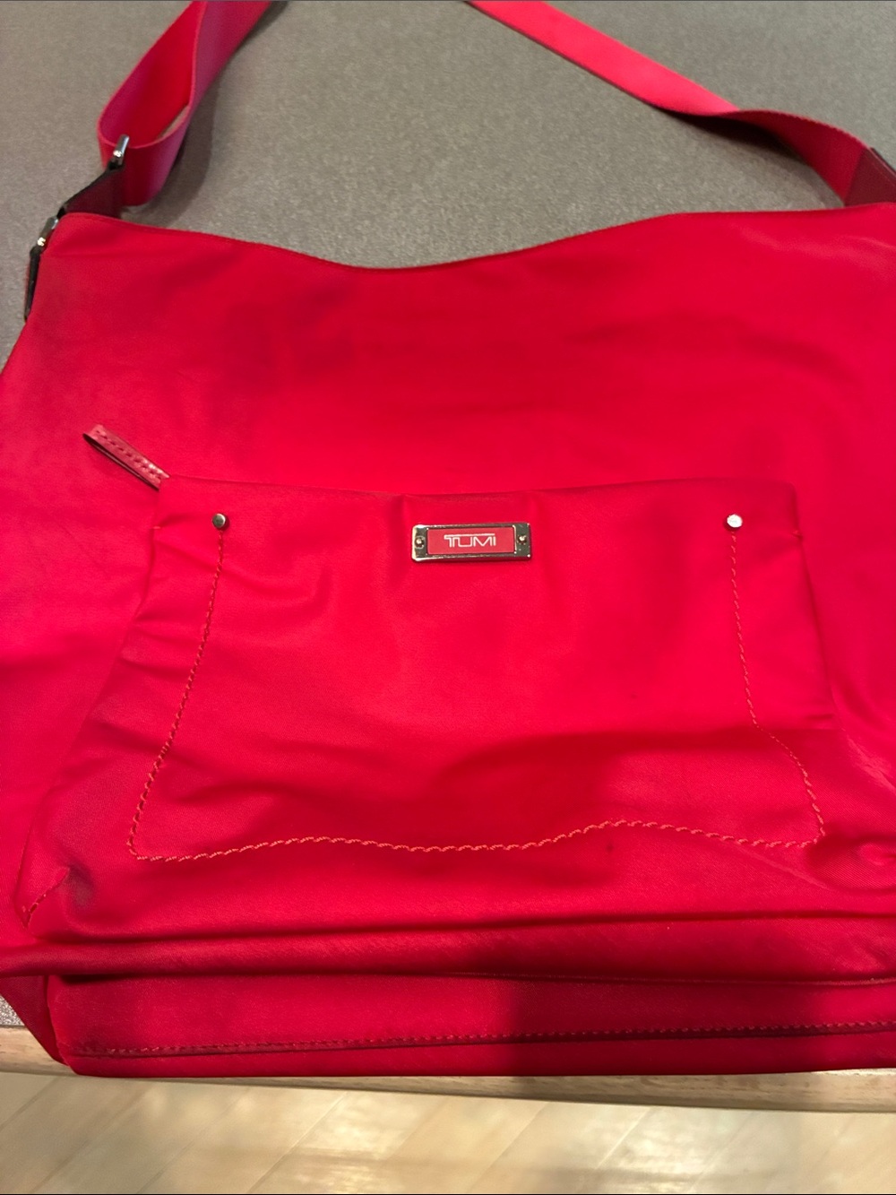Tumi Bright Red Nylon Shoulder Bag with Front Pocket